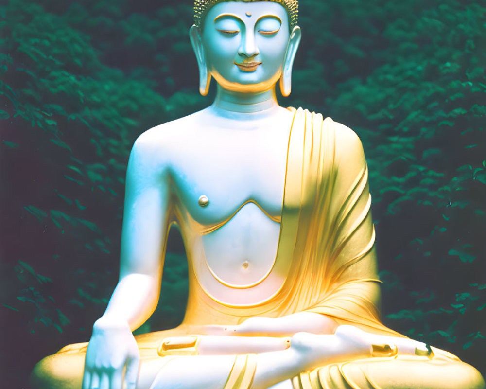 Gold-accented Buddha statue in meditation against dark, leafy backdrop