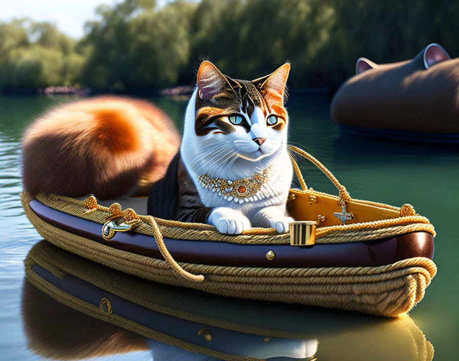 Cat with pearl necklace in shoe boat on calm water with greenery