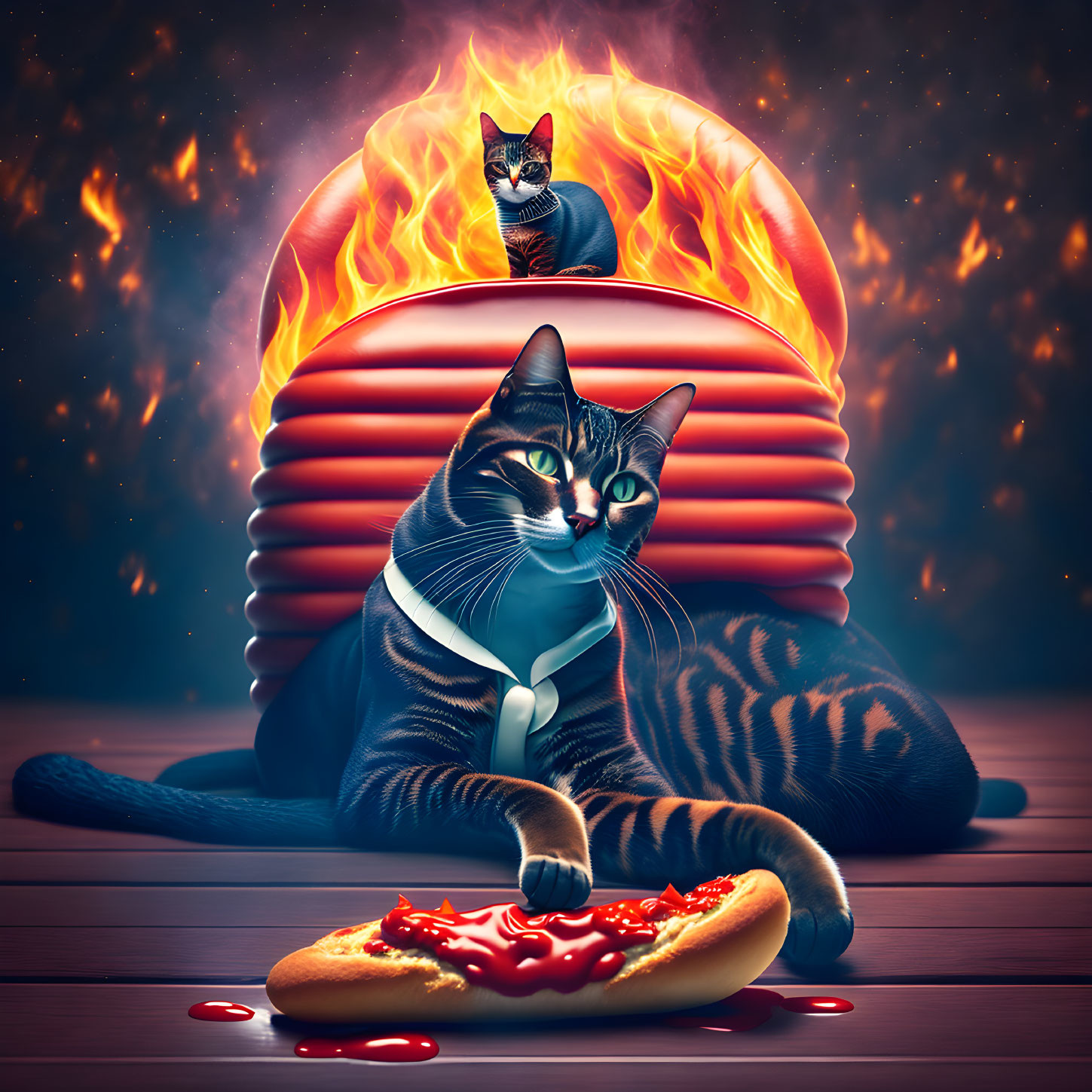 Digital artwork: Oversized cats in suits on fiery backdrop with giant hot dog