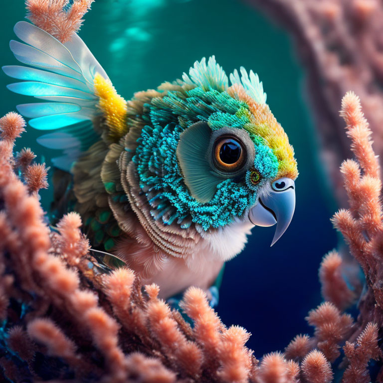 Colorful digitally altered parrot on coral-like background