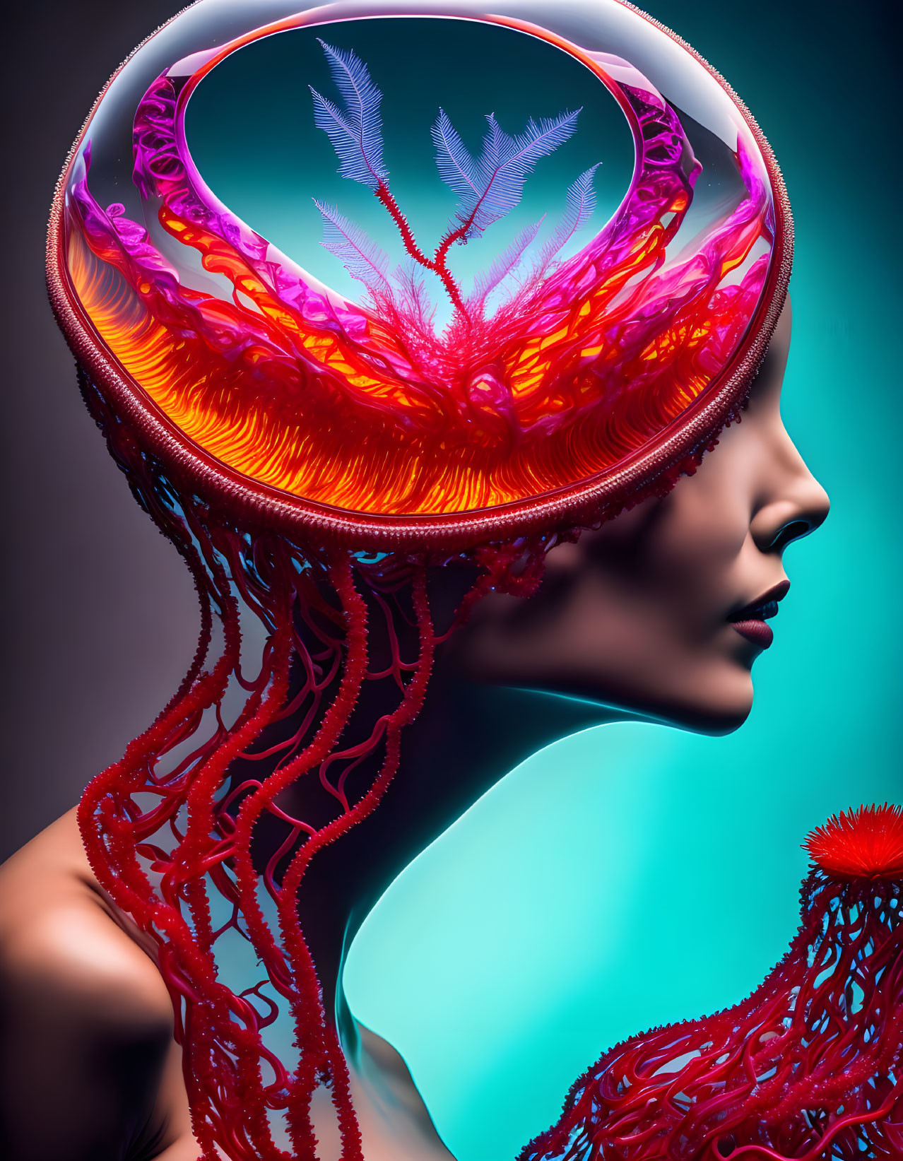 Vibrant surreal portrait with jellyfish-like headdress on teal background
