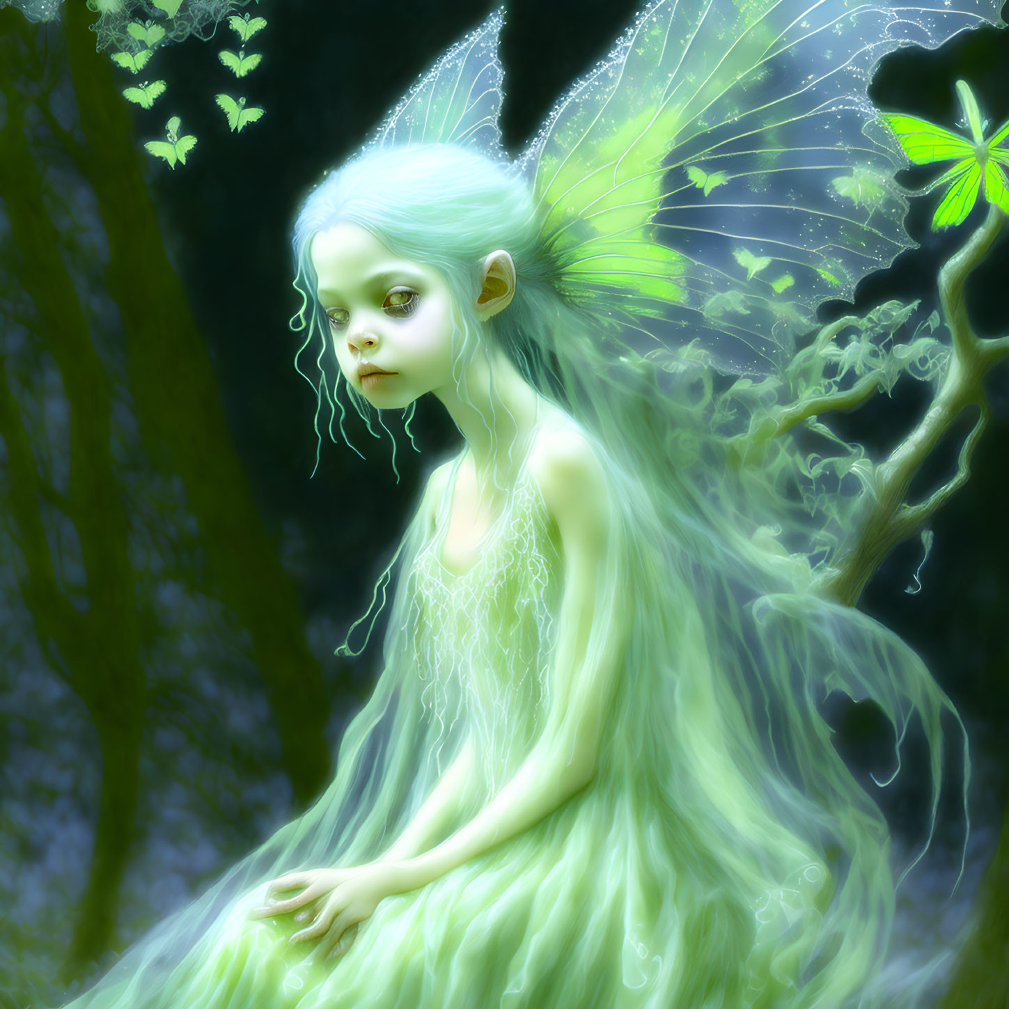 Ethereal fairy with delicate wings in mystical forest surrounded by glowing butterflies