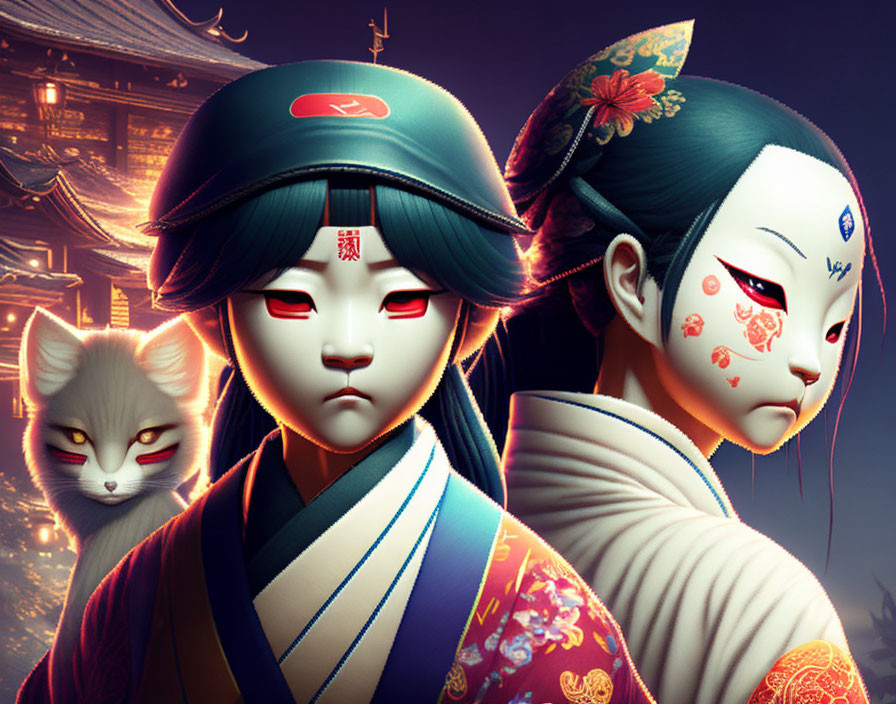 Stylized characters in white fox masks and traditional Japanese attire with a real fox in twilight setting.