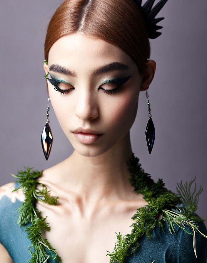 Elegant woman with sleek hair, creative makeup, and greenery-adorned dress