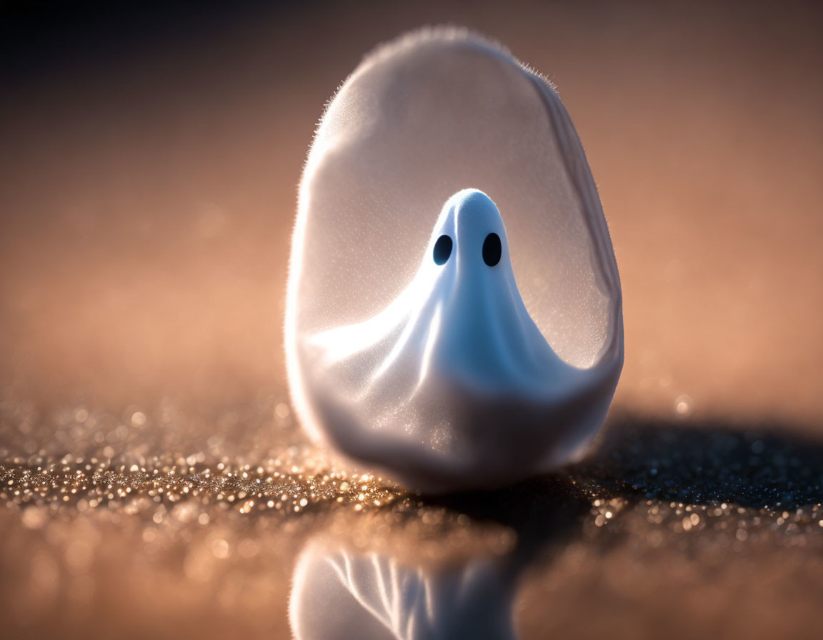 Translucent ghost figure with black eyes on sparkling sand surface