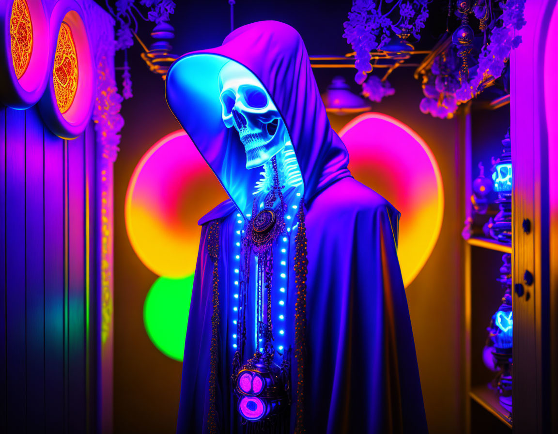 Figure in blue cloak with skeletal face in vibrant, neon-lit setting