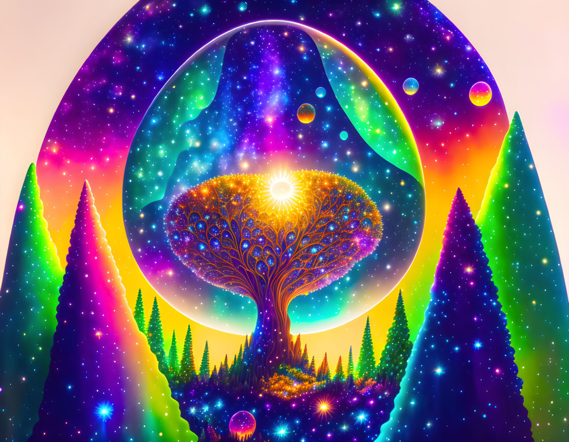 Colorful cosmic landscape with glowing tree and star-filled sky