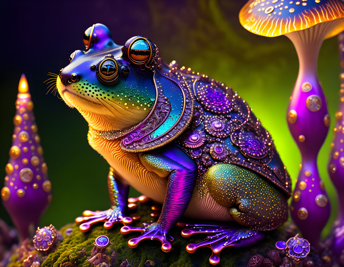 Colorful Frog with Bejeweled Skin in Neon-lit Fantasy Scene