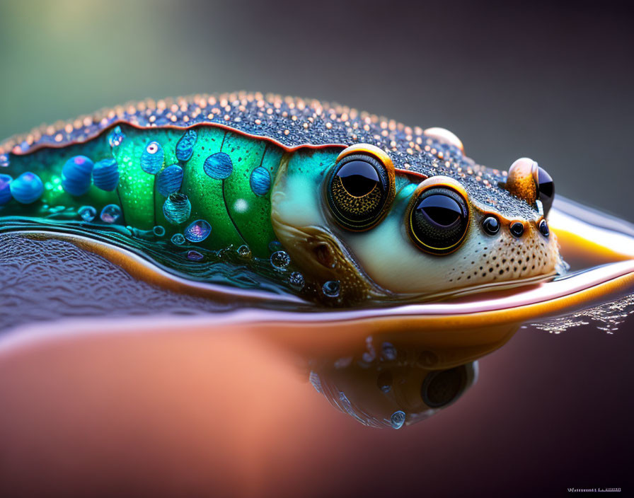 Colorful Frog with Dew-Covered Skin in Water Surface