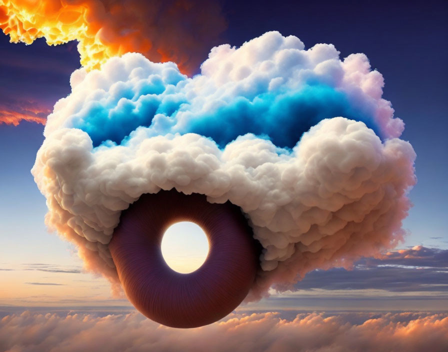 Surreal doughnut-shaped cloud with flaming top and serene blue sky