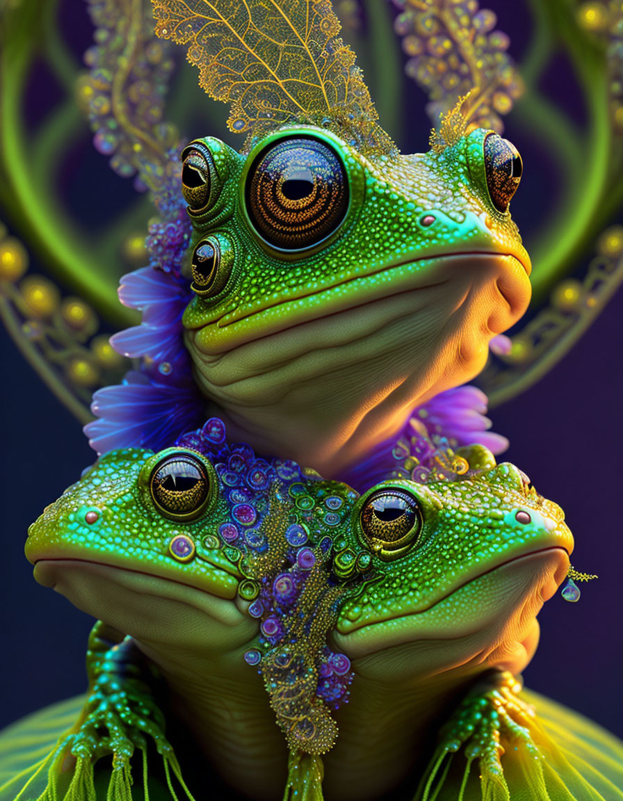 Ornate frogs with jewel-like textures on purple background