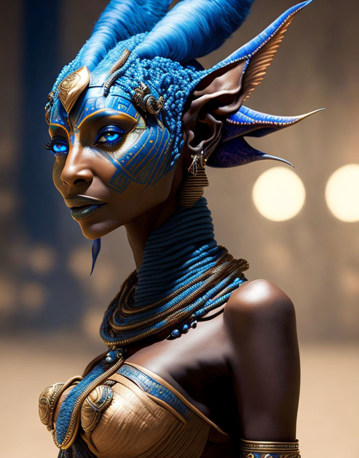 Female character with blue skin, gold and blue headgear, and intricate facial markings