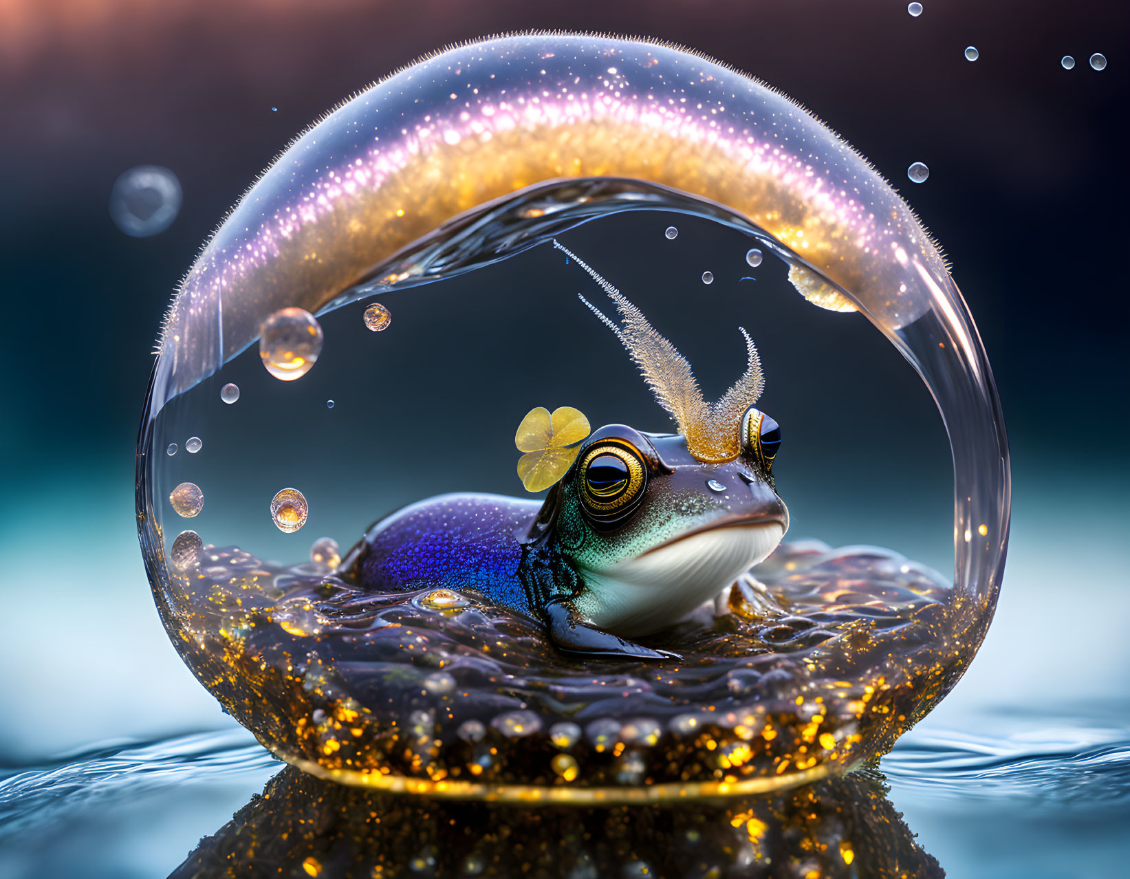 Colorful Frog in Bubble Surrounded by Stars and Water Droplets
