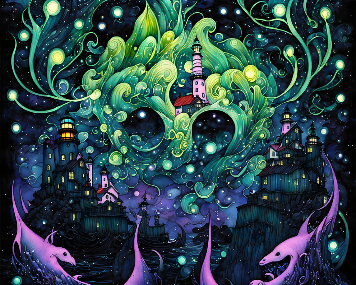 Whimsical artwork: Stylized lighthouses, green patterns, glowing orbs, pink dolphins