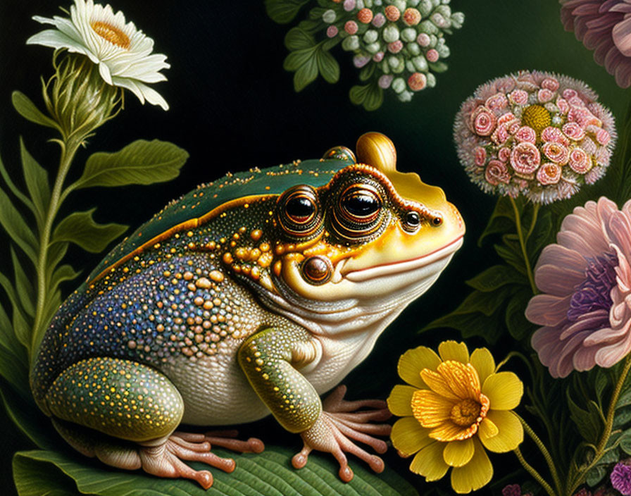 Colorful illustration of ornately patterned frog in lush floral setting