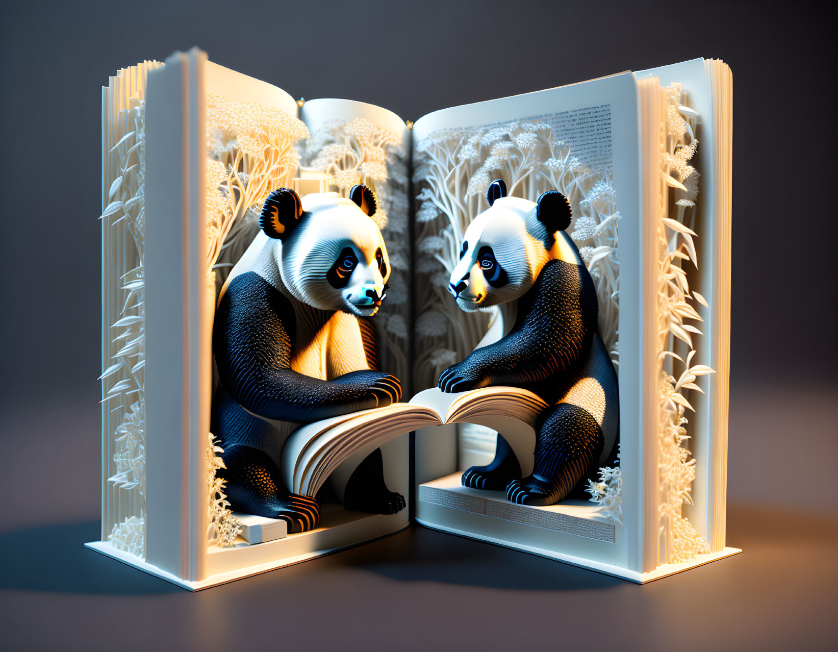 3D illustration of open book with paper art pandas reading