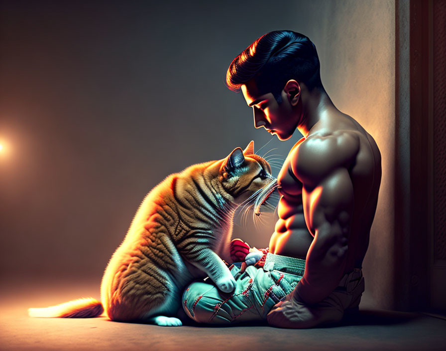 Muscular man with slick hairstyle bonding with tabby cat in dimly lit room