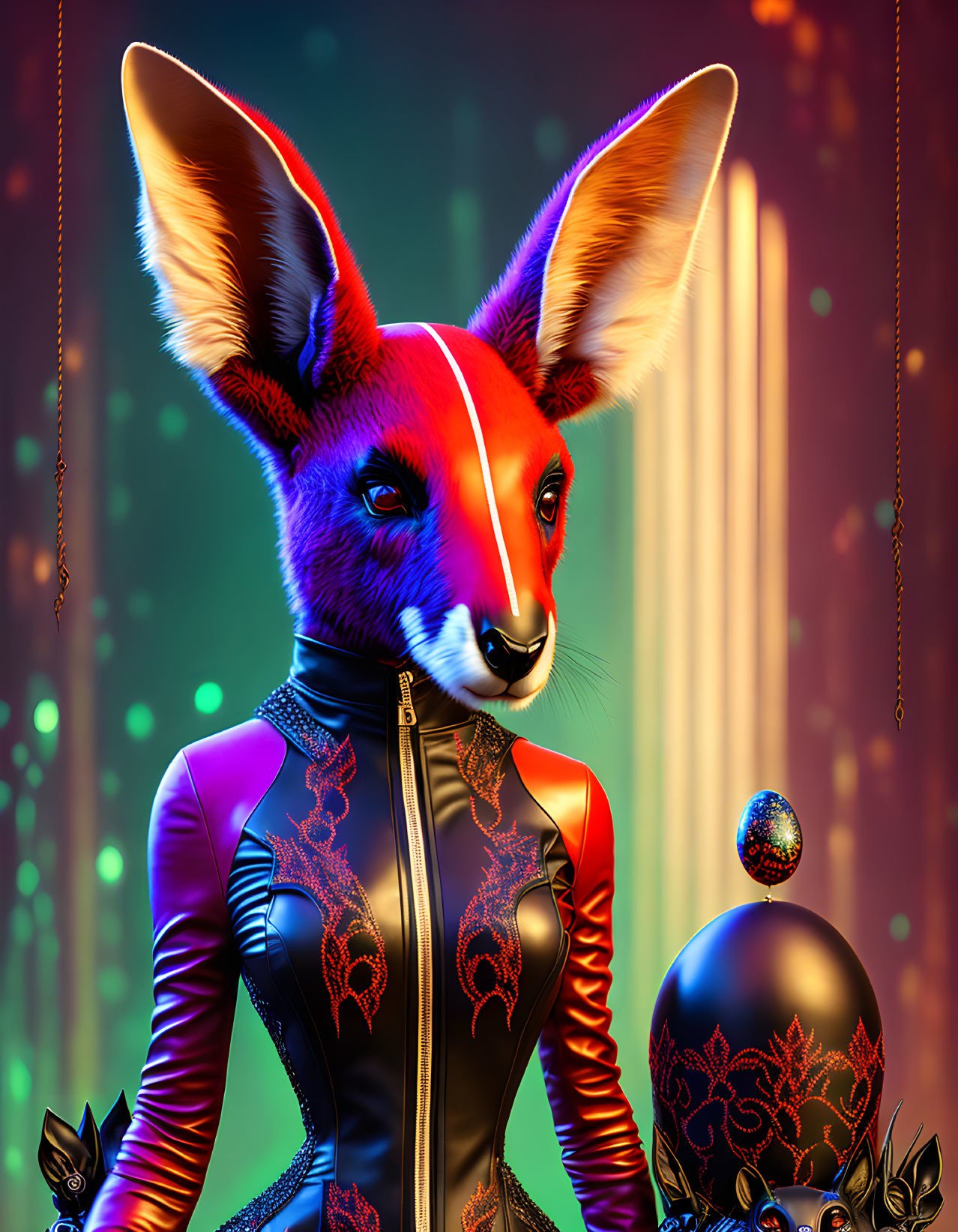 Futuristic anthropomorphic fox in neon bodysuit with eastern patterns holding intricate ball