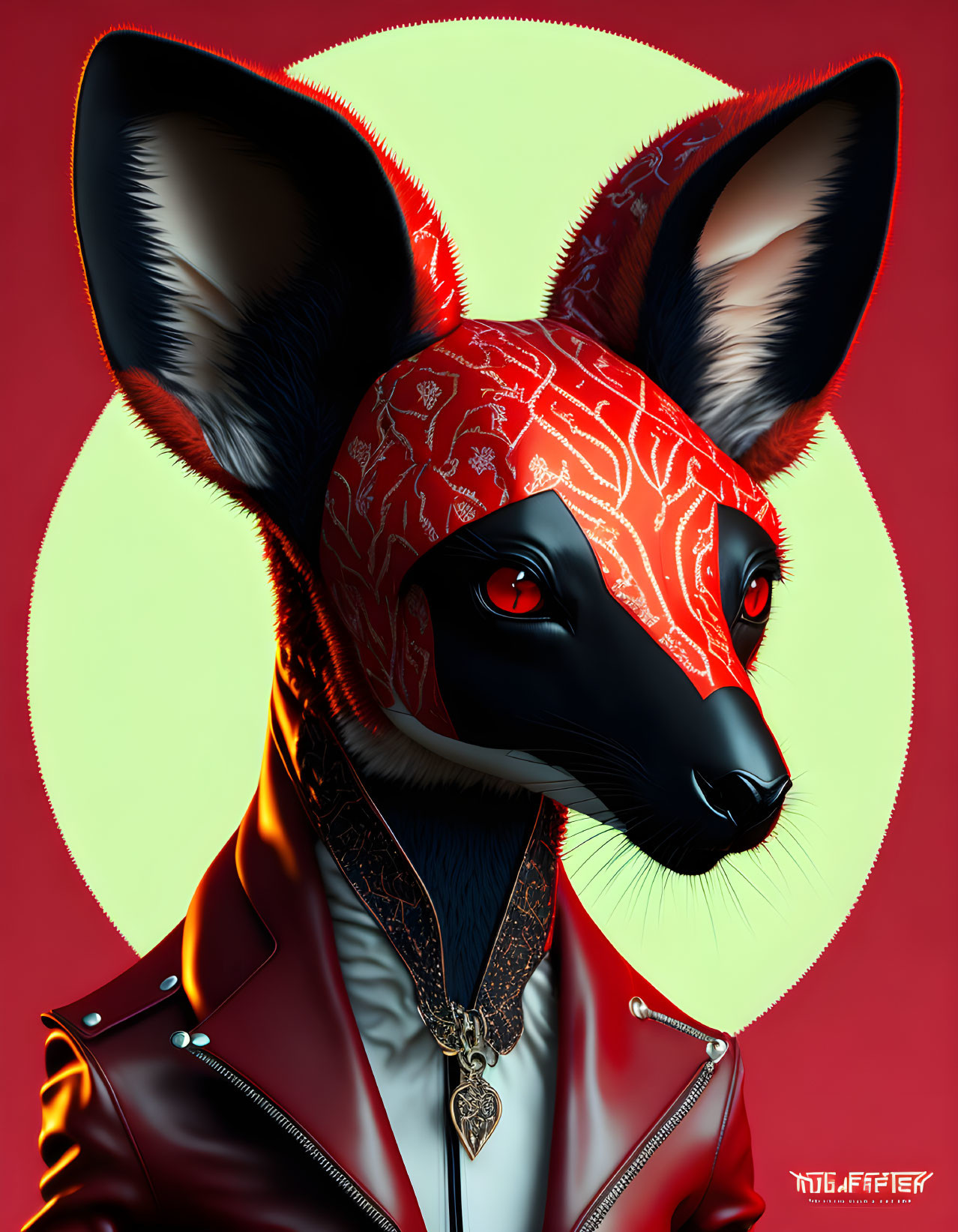 Anthropomorphic fox in red bandana and leather jacket on red-yellow backdrop