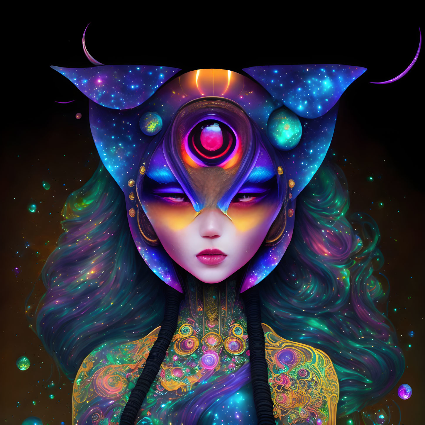 Cosmic-themed female figure with galaxy complexion, third eye, and horned headgear against starry