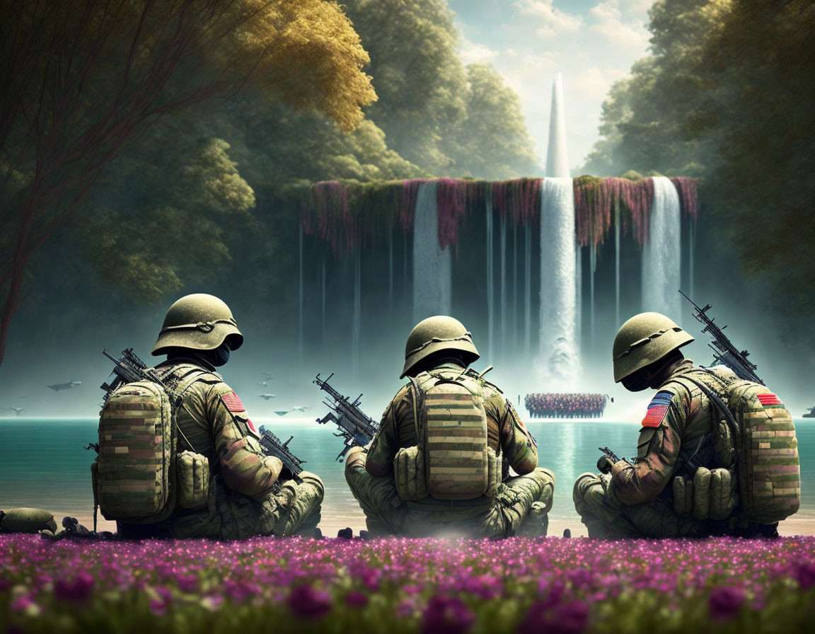 Soldiers by waterfall and lake with rifles amidst purple flowers