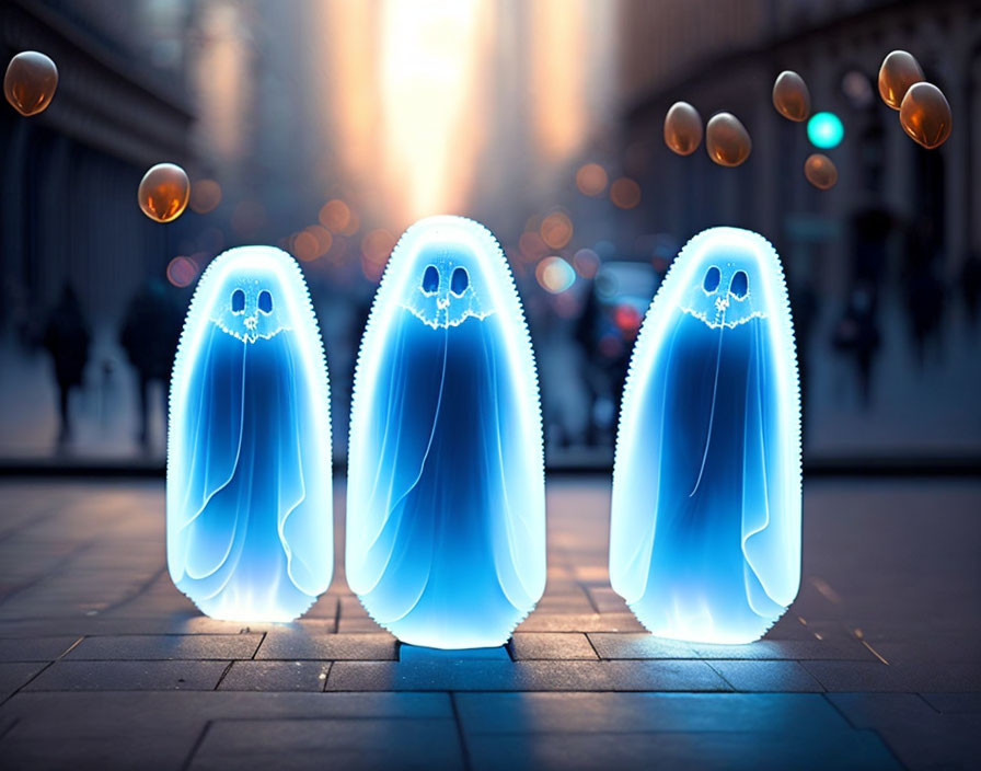 Three ghost figures illuminated on city street at dusk.