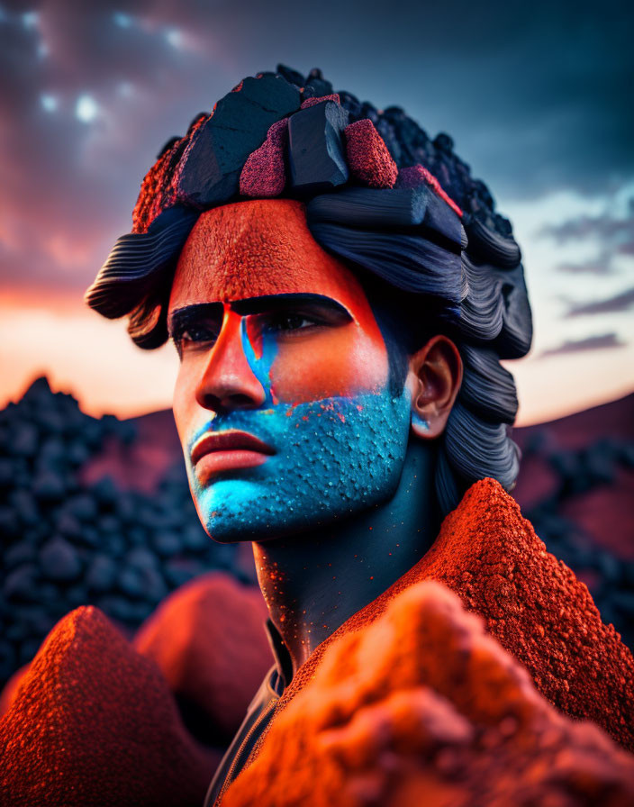 Man with Blue and Orange Face Paint and Volcanic Rock Headwear in Dusk Sky