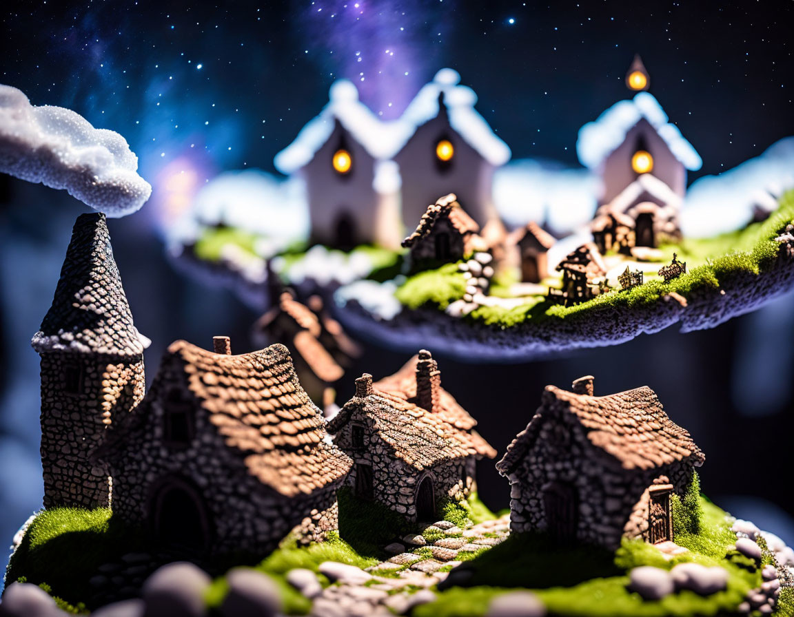 Miniature fairy-tale village under starry night sky