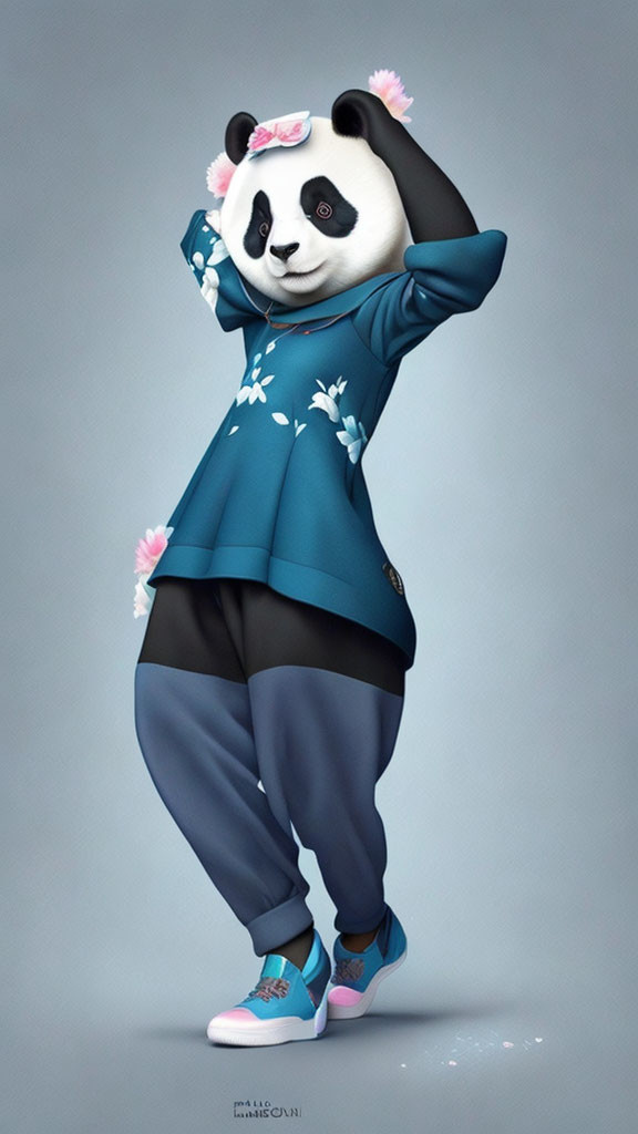 Stylish anthropomorphic panda in streetwear and sneakers posing confidently