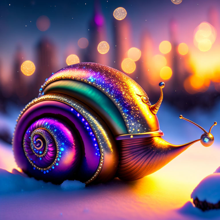 Colorful Snail Artwork in Winter Scene with Snowflakes and Bokeh Lights