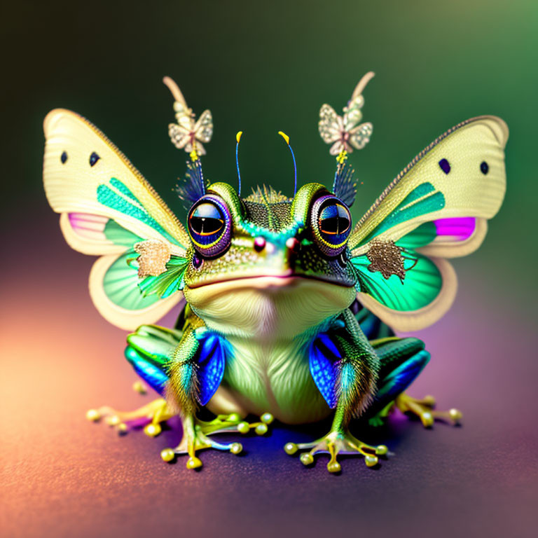Colorful Illustration: Frog with Butterfly Wings and Antennas surrounded by Flying Butterflies