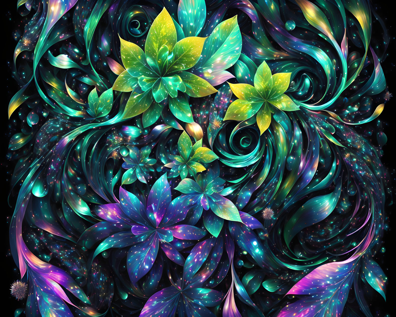 Swirling neon flora and cosmic elements on dark starry background