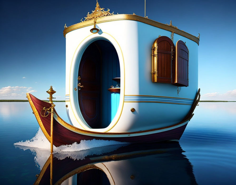 Teapot-shaped boat with ornate detailing on calm water