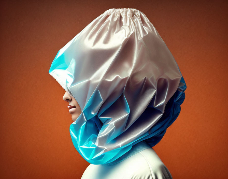 Digitally created oversized shower cap in white and blue on orange backdrop