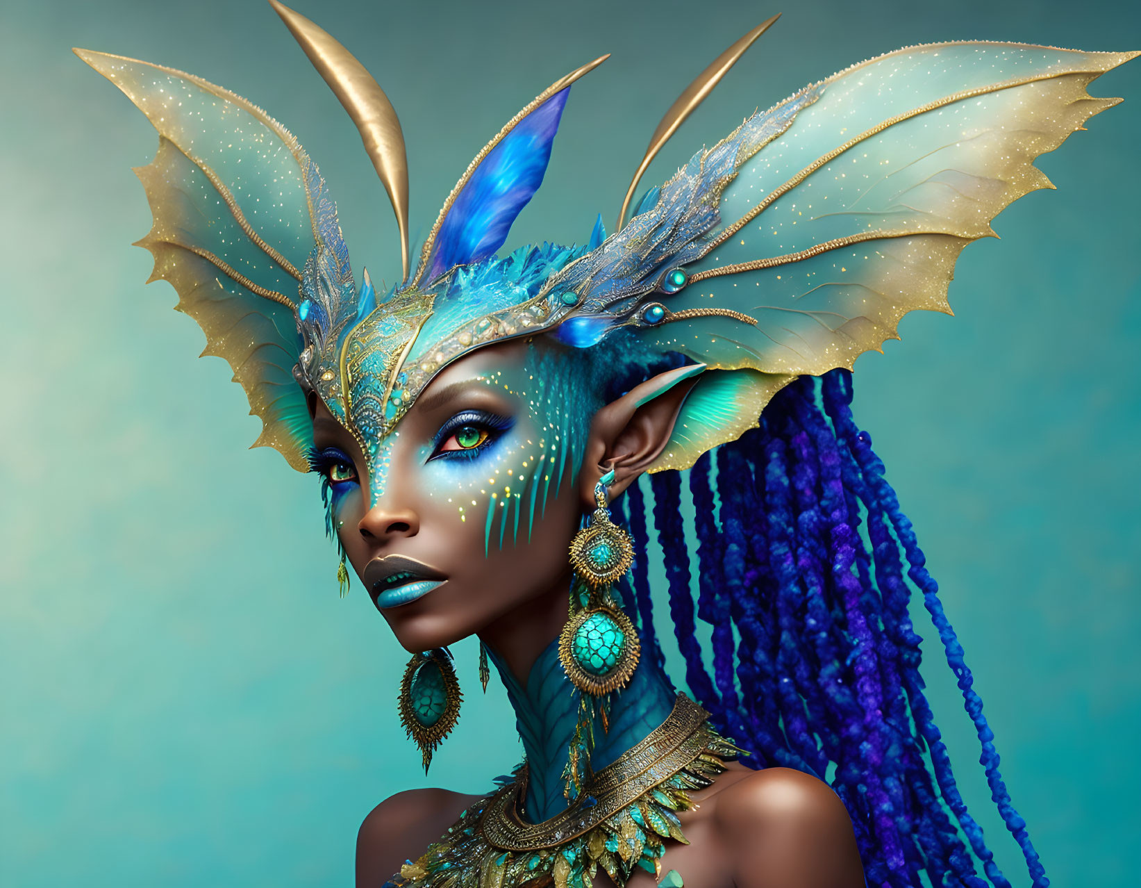 Blue-skinned figure with golden headdress and pointed ears on teal background