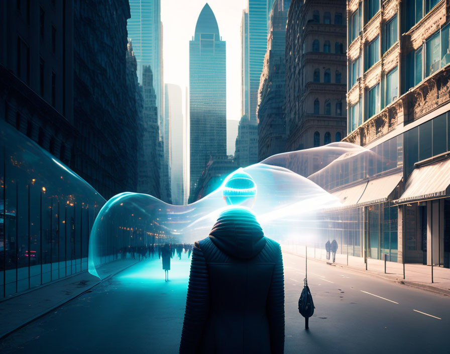 Person facing futuristic blue light tunnel in urban cityscape