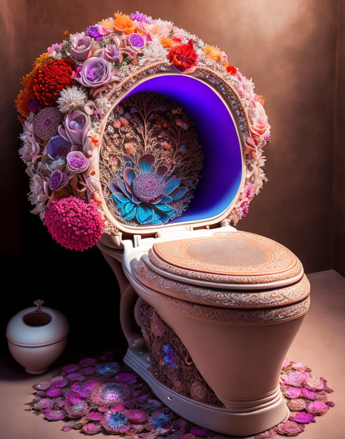 Colorful Floral Design Toilet with Purple Illumination