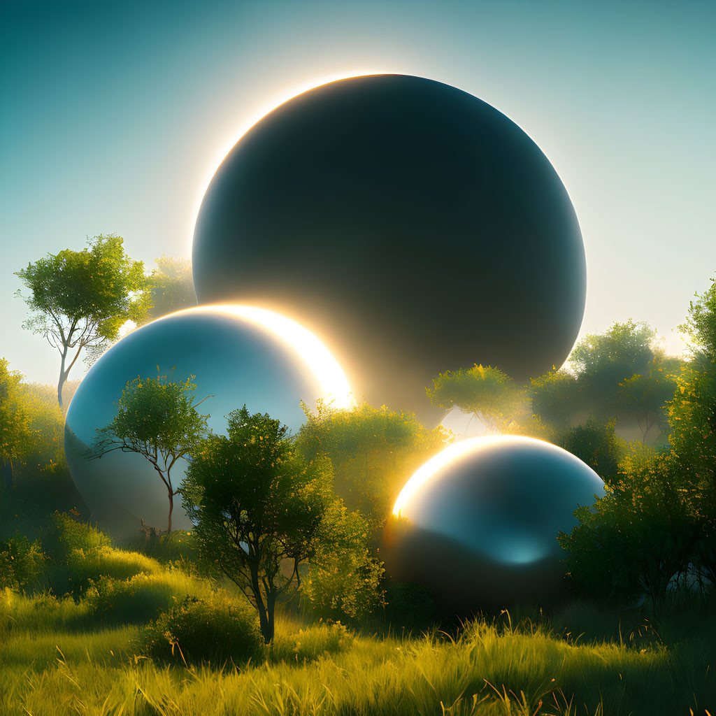 Surreal landscape: large reflective spheres, trees, warm sunlight, misty atmosphere