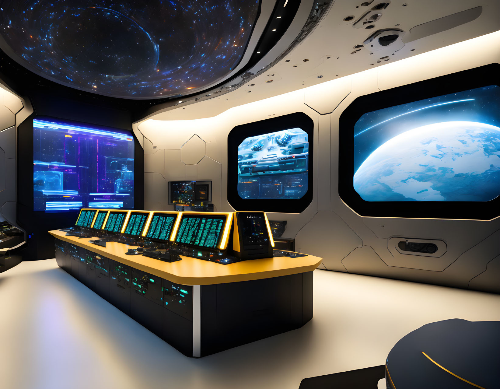 Futuristic Spaceship Bridge with Control Panels and Starry Space Views