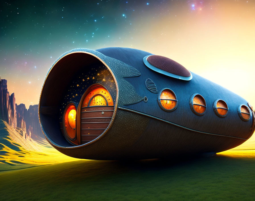 Futuristic spaceship with round door and circular windows on grassy plain at sunset