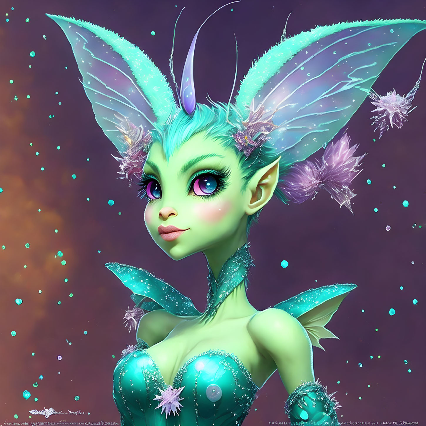 Whimsical female fairy with iridescent wings and green skin