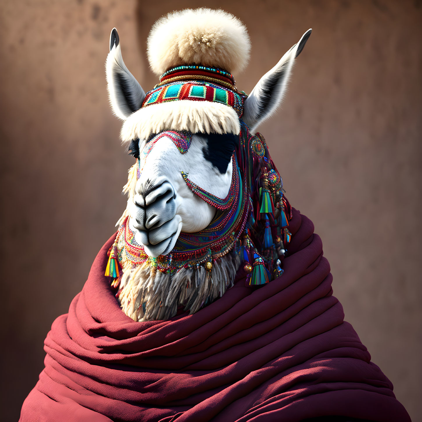 Colorful Traditional Headdress Adorns Llama on Brown Background