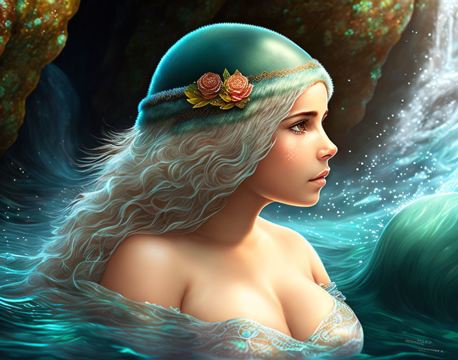 Fantasy illustration: Woman with white hair and teal headband in water