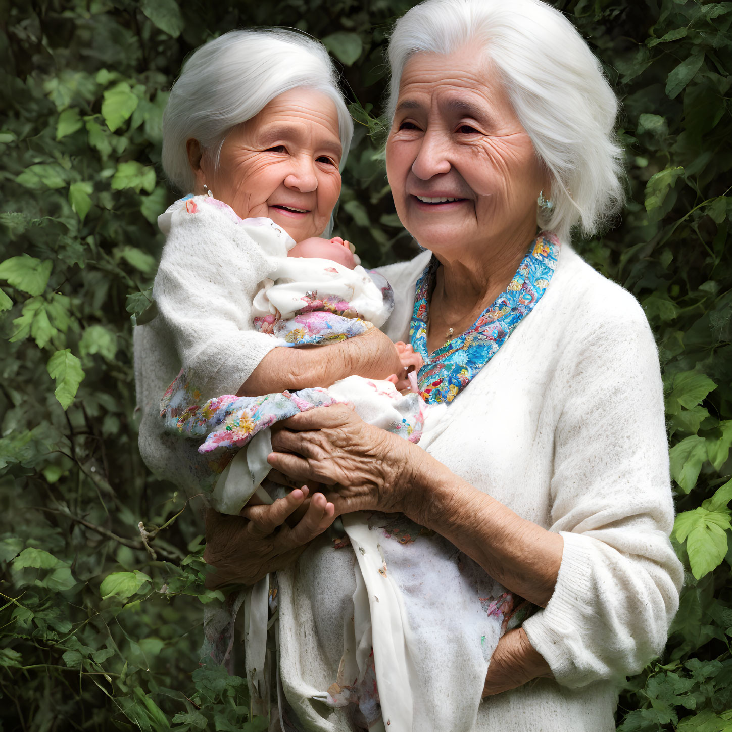 Elderly women with baby smiling in green foliage