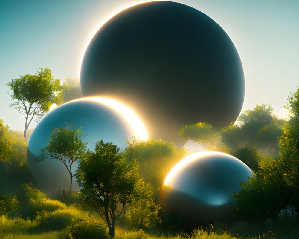 Surreal landscape: large reflective spheres, trees, warm sunlight, misty atmosphere