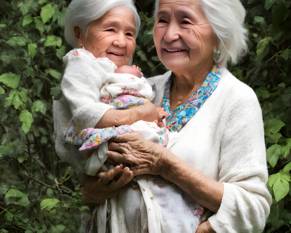 Elderly women with baby smiling in green foliage