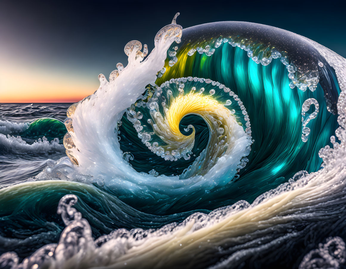 Detailed Image of Vibrant Ocean Wave with Suspended Droplets Against Sunset Sky