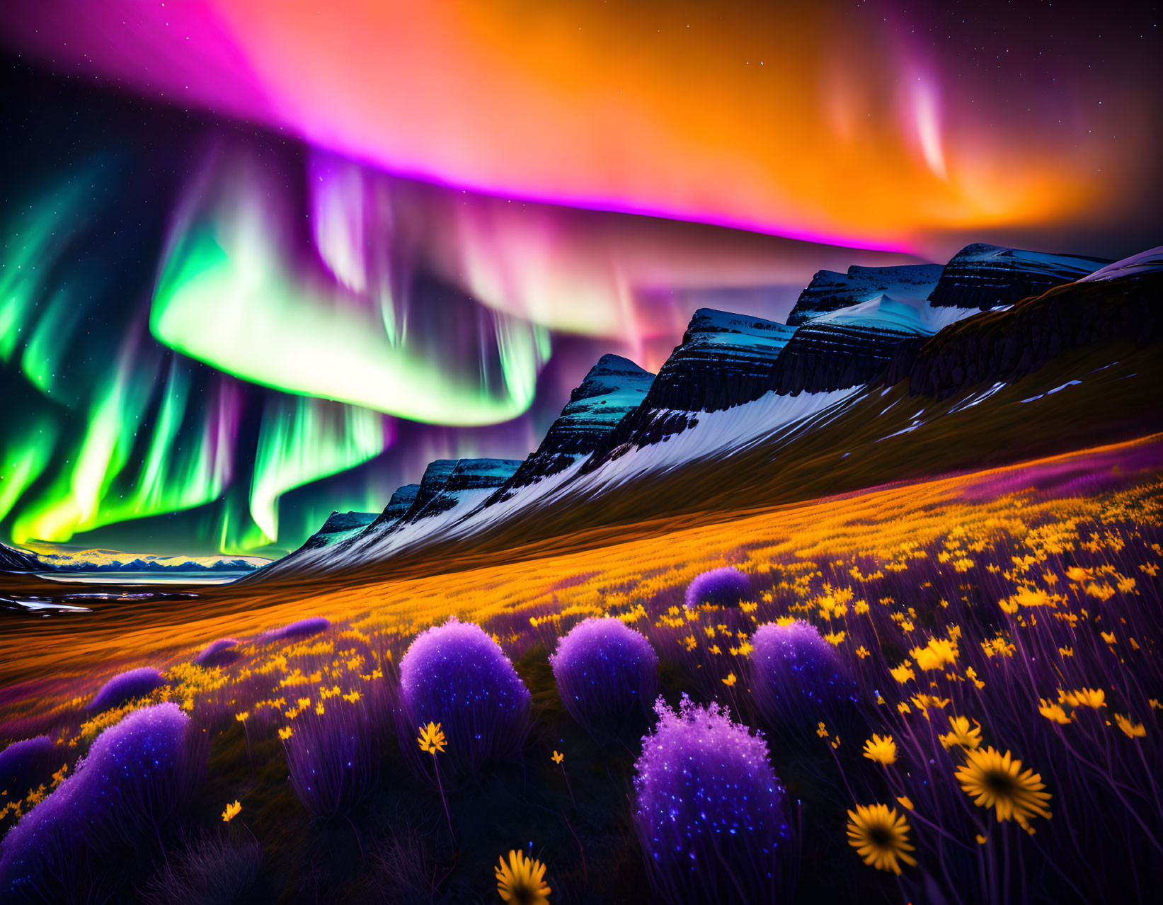 Colorful Aurora Borealis Over Snow-Capped Mountains