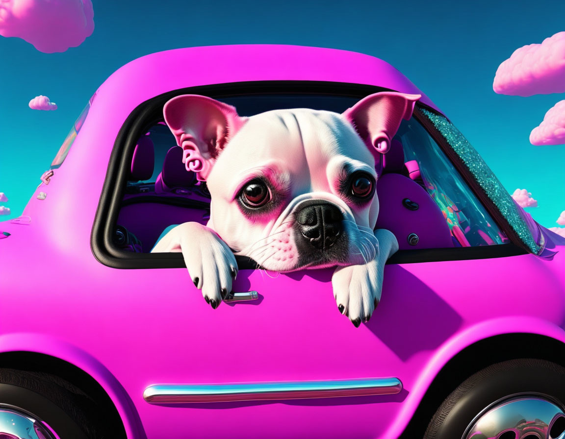 Cartoon French Bulldog in Pink Sunglasses in Pink Car Against Pink Cloud Sky