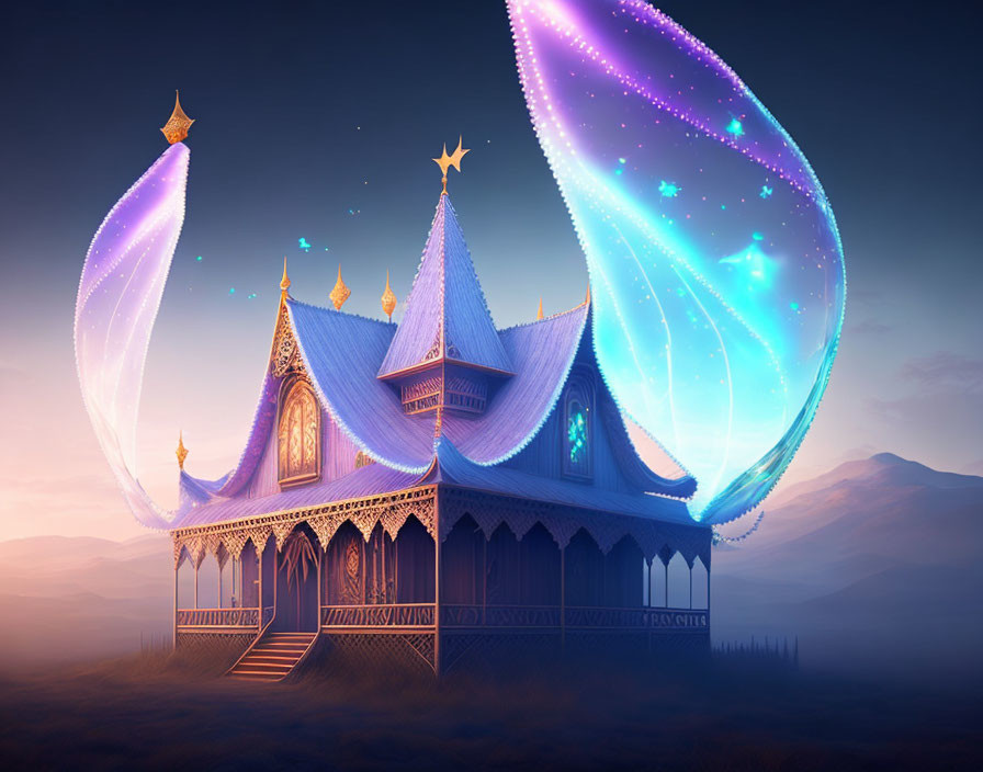 Fantasy castle with glowing wings in twilight setting